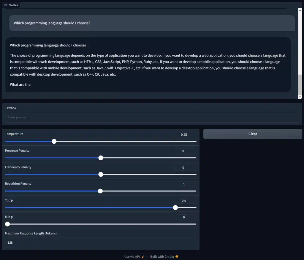 Algorithmic #2: browser view of chatbot settings